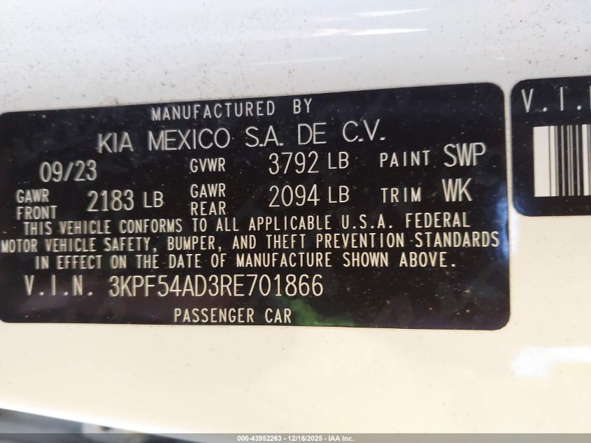2024 Kia Forte Gt-Line VIN: 3KPF54AD3RE701866 Lot: 43952263