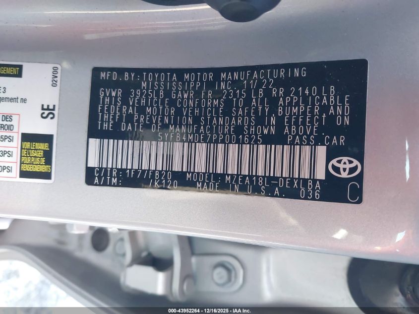 2023 Toyota Corolla Le VIN: 5YFB4MDE7PP001625 Lot: 43952264