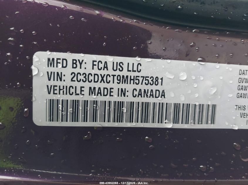 2021 Dodge Charger R/T Rwd VIN: 2C3CDXCT9MH575381 Lot: 43952265