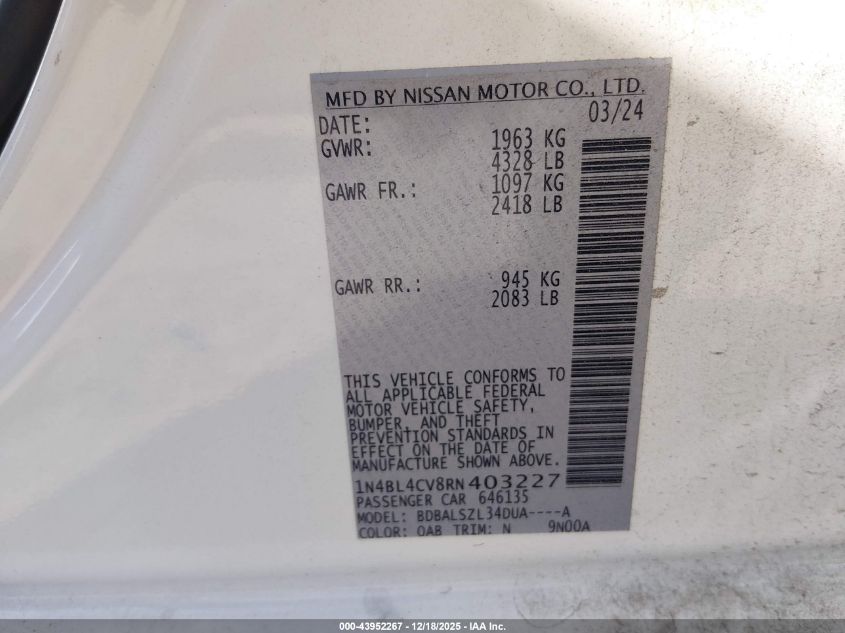 2024 Nissan Altima Sr Fwd VIN: 1N4BL4CV8RN403227 Lot: 43952267