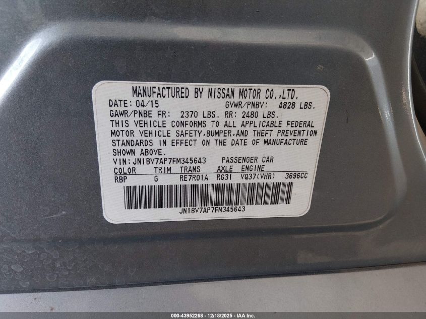 2015 Infiniti Q50 Sport VIN: JN1BV7AP7FM345643 Lot: 43952268