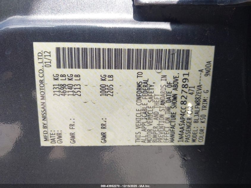 2012 Nissan Maxima 3.5 Sv VIN: 1N4AA5AP4CC827891 Lot: 43952270