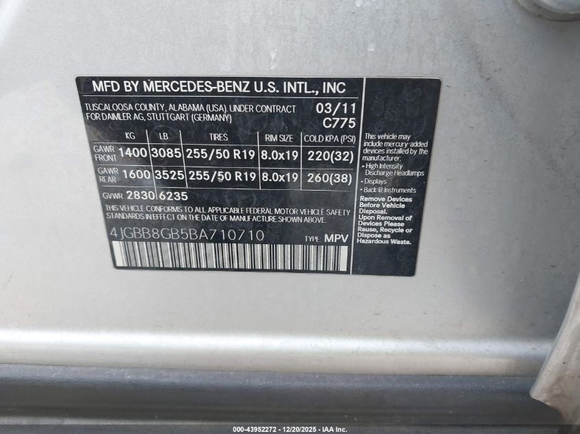 2011 Mercedes-Benz Ml 350 4Matic VIN: 4JGBB8GB5BA710710 Lot: 43952272