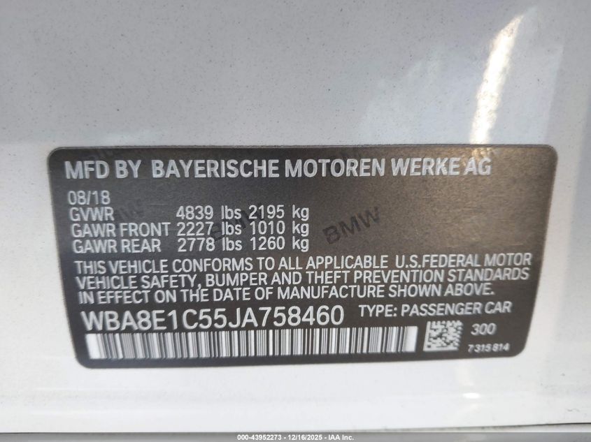 2018 BMW 330E Iperformance VIN: WBA8E1C55JA758460 Lot: 43952273