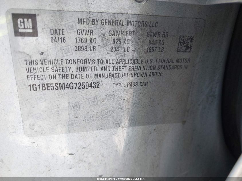 2016 Chevrolet Cruze Lt Auto VIN: 1G1BE5SM4G7259432 Lot: 43952274