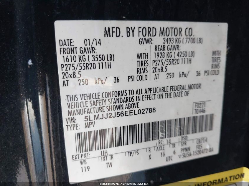 2014 Lincoln Navigator VIN: 5LMJJ2J56EEL02788 Lot: 43952276
