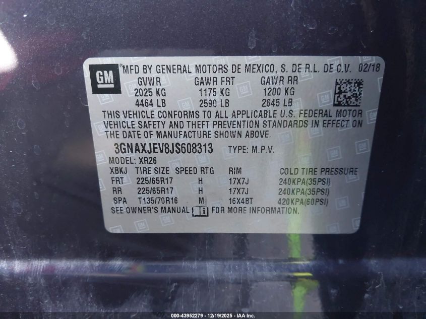 2018 Chevrolet Equinox Lt VIN: 3GNAXJEV8JS608313 Lot: 43952279