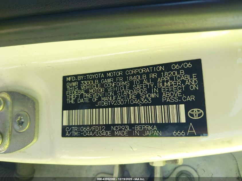 2007 Toyota Yaris S VIN: JTDBT923071046363 Lot: 43952280