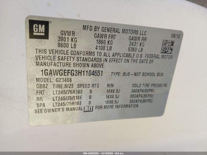 2017 Chevrolet Express 2500 Ls VIN: 1GAWGEFG3H1104651 Lot: 43952282