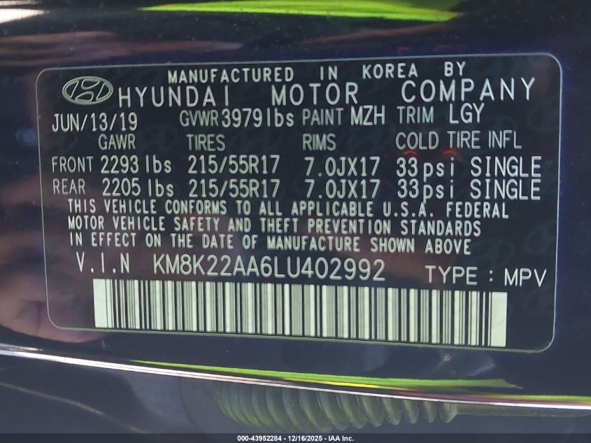 2020 Hyundai Kona Sel VIN: KM8K22AA6LU402992 Lot: 43952284