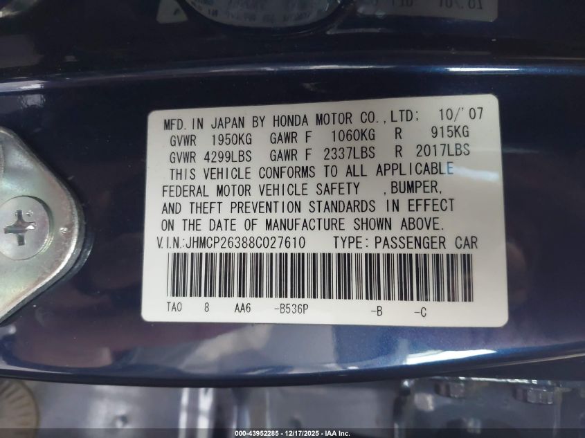 2008 Honda Accord 2.4 Lx VIN: JHMCP26388C027610 Lot: 43952285