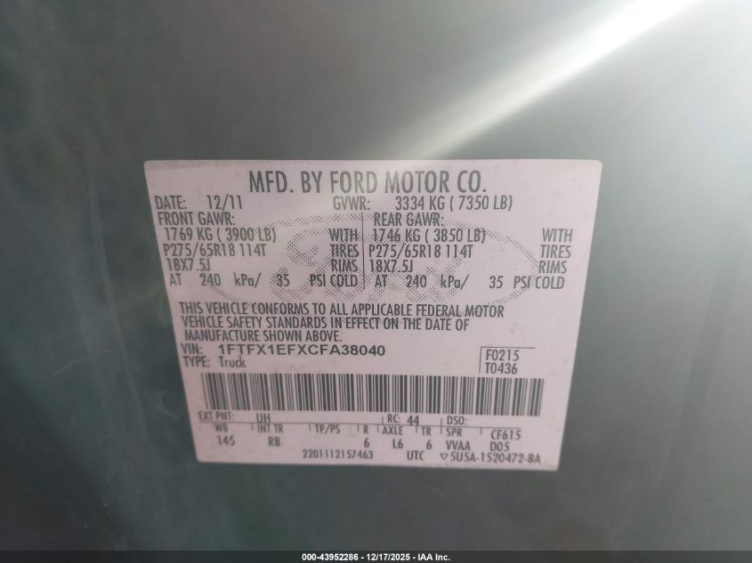 2012 Ford F-150 Fx4 VIN: 1FTFX1EFXCFA38040 Lot: 43952286