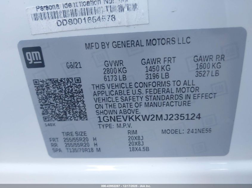 2021 Chevrolet Traverse Awd Premier VIN: 1GNEVKKW2MJ235124 Lot: 43952287