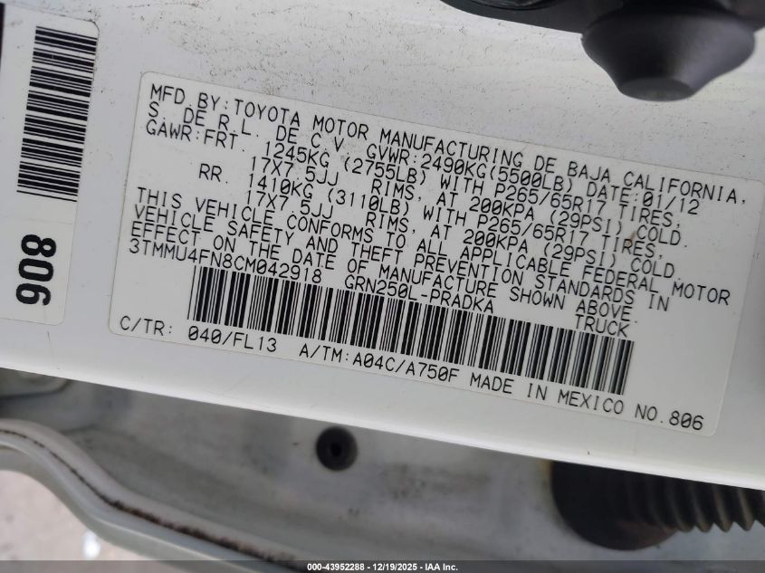 2012 Toyota Tacoma Base V6 VIN: 3TMMU4FN8CM042918 Lot: 43952288
