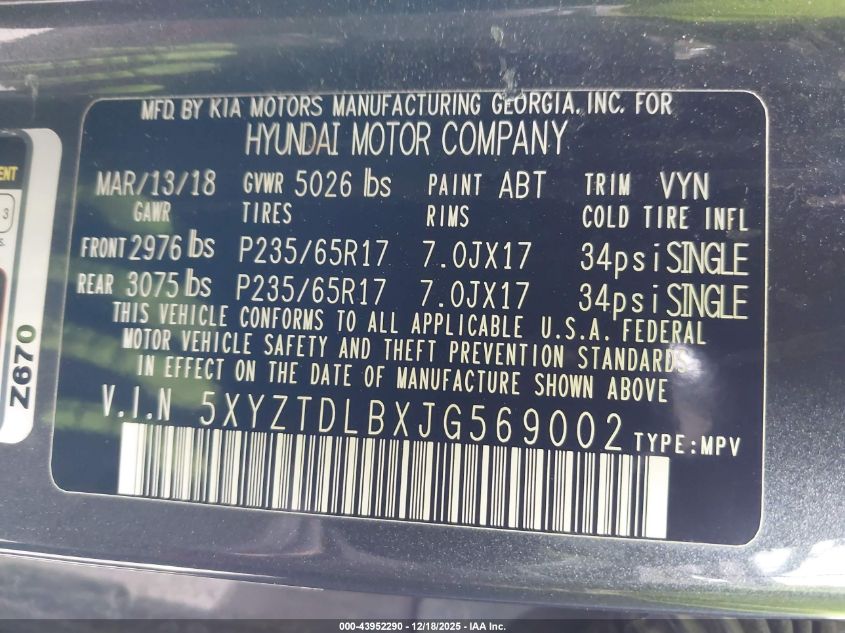 2018 Hyundai Santa Fe Sport 2.4L VIN: 5XYZTDLBXJG569002 Lot: 43952290