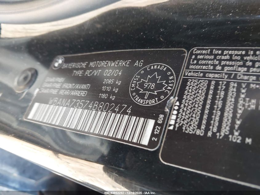 2004 BMW 530I VIN: WBANA73574B802474 Lot: 43952292