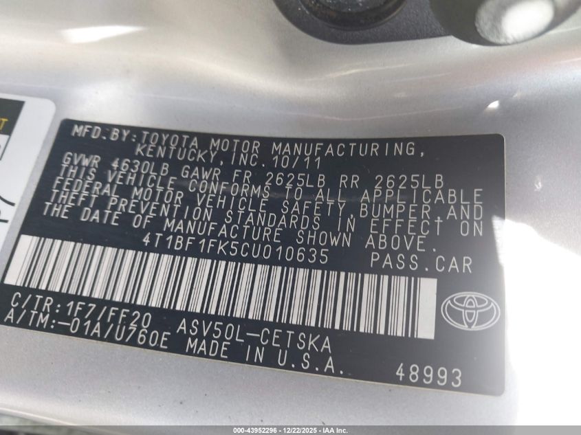 2012 Toyota Camry Se VIN: 4T1BF1FK5CU010635 Lot: 43952296