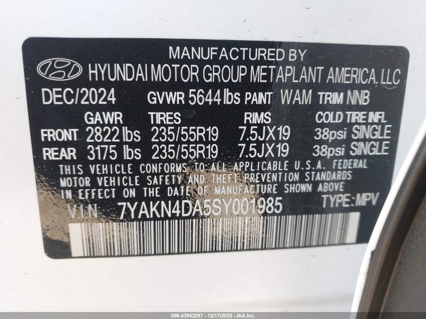 2025 Hyundai Ioniq 5 Sel VIN: 7YAKN4DA5SY001985 Lot: 43952297