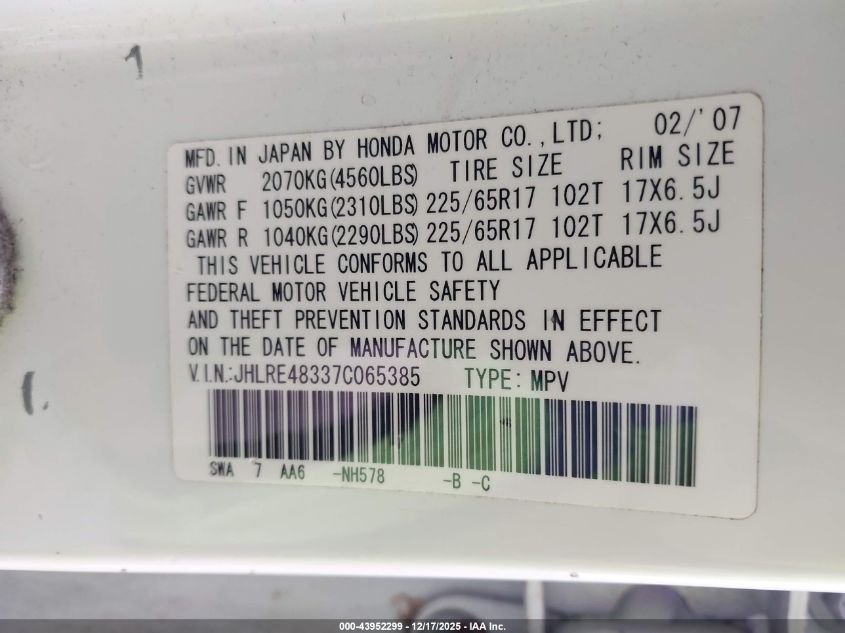 2007 Honda Cr-V Lx VIN: JHLRE48337C065385 Lot: 43952299