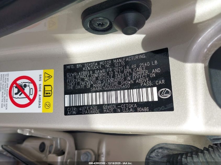 2016 Lexus Es 350 VIN: 58ABK1GG6GU005450 Lot: 43952300