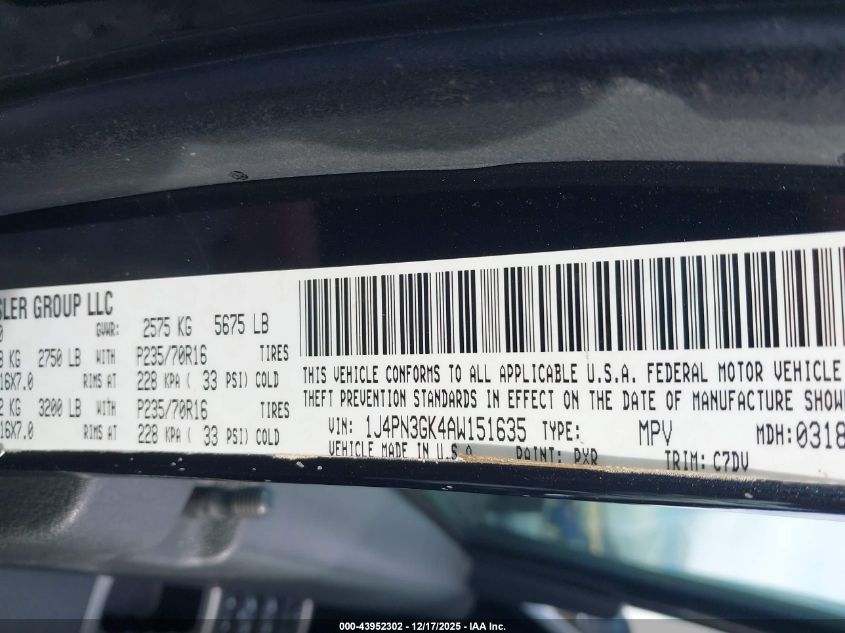 2010 Jeep Liberty Renegade VIN: 1J4PN3GK4AW151635 Lot: 43952302