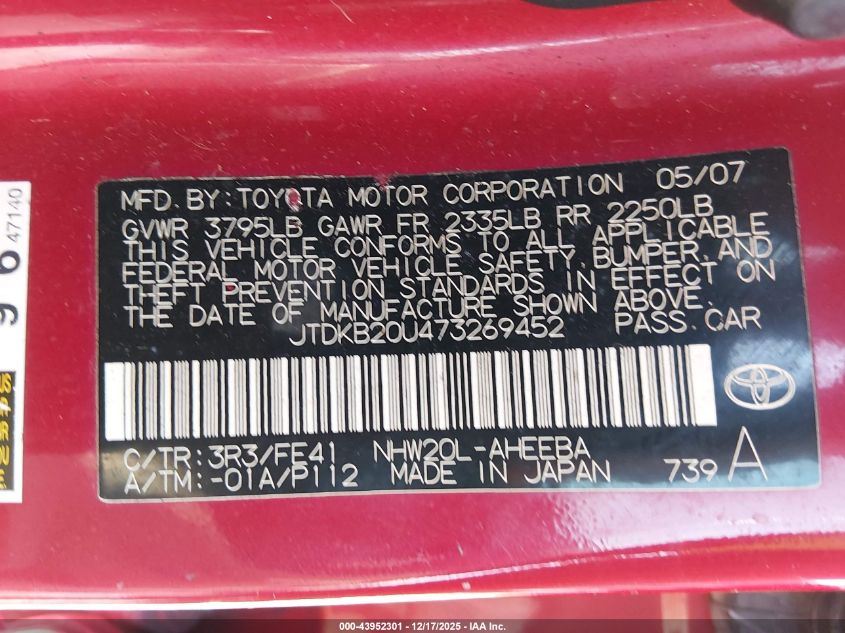 2007 Toyota Prius Touring VIN: JTDKB20U473269452 Lot: 43952301