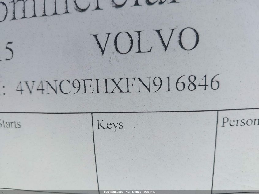 2015 Volvo Vn Vnl VIN: 4V4NC9EHXFN916846 Lot: 43952303
