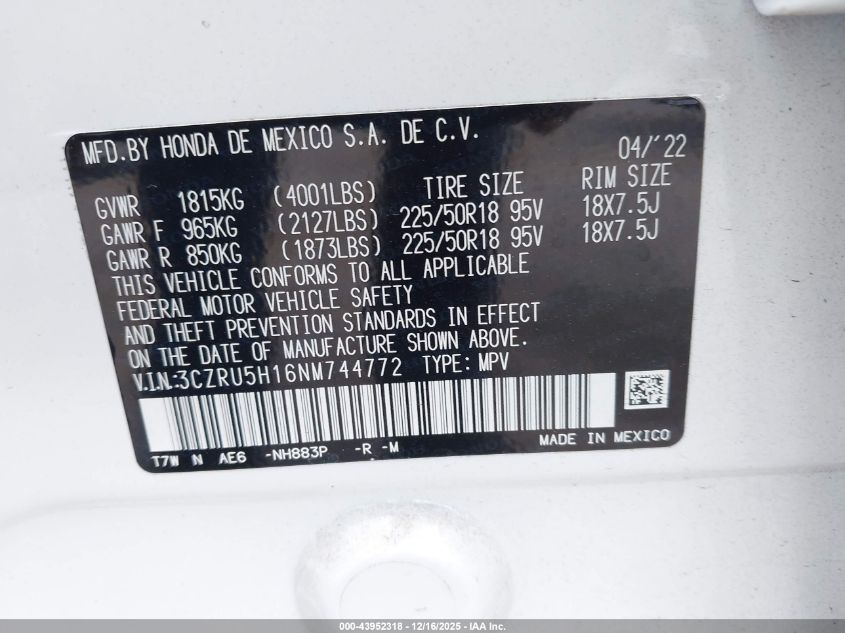 2022 Honda Hr-V 2Wd Sport VIN: 3CZRU5H16NM744772 Lot: 43952318