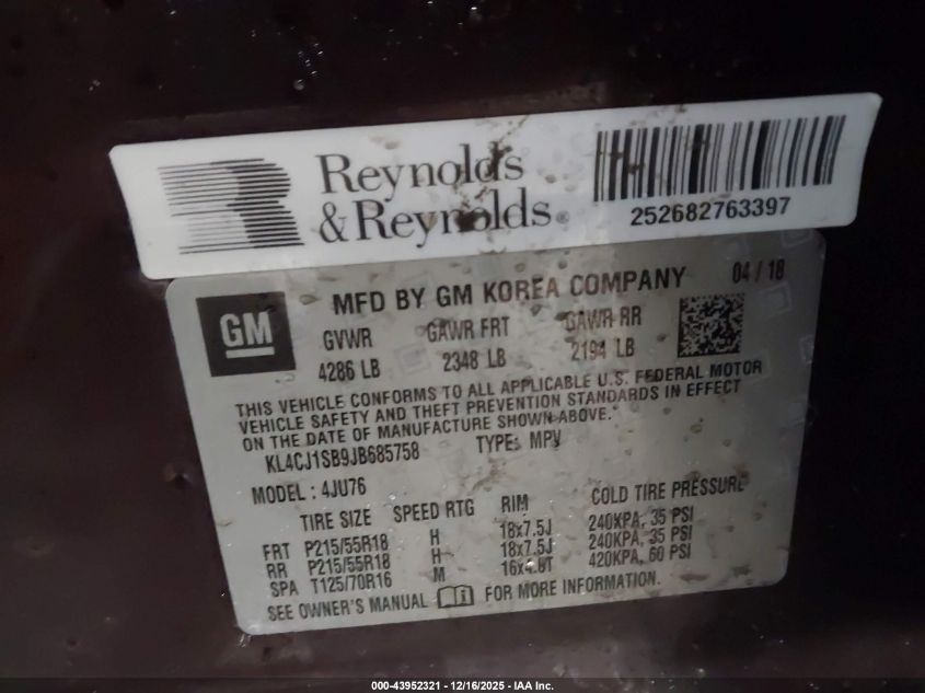 2018 Buick Encore Sport Touring VIN: KL4CJ1SB9JB685758 Lot: 43952321