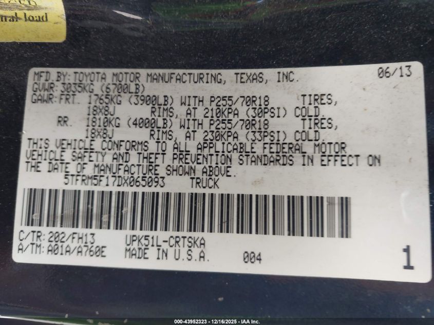 2013 Toyota Tundra Grade 4.6L V8 VIN: 5TFRM5F17DX065093 Lot: 43952323