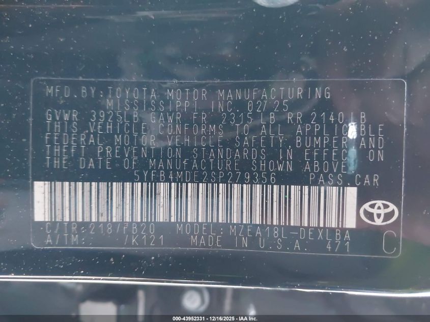 2025 Toyota Corolla Le VIN: 5YFB4MDE2SP279356 Lot: 43952331