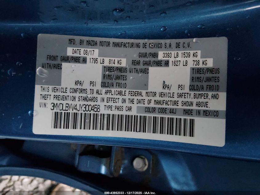 2018 Toyota Yaris Ia VIN: 3MYDLBYV4JY300458 Lot: 43952333