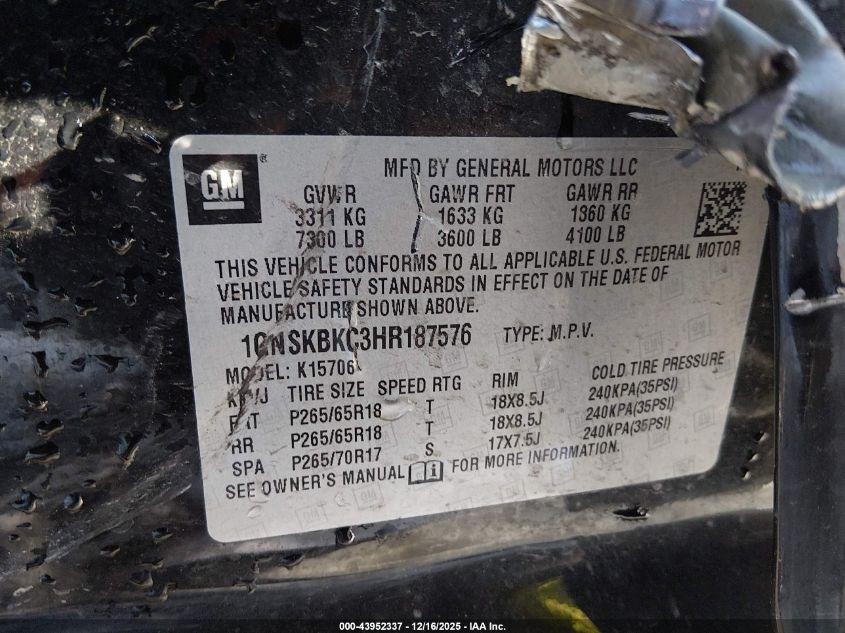 2017 Chevrolet Tahoe Lt VIN: 1GNSKBKC3HR187576 Lot: 43952337