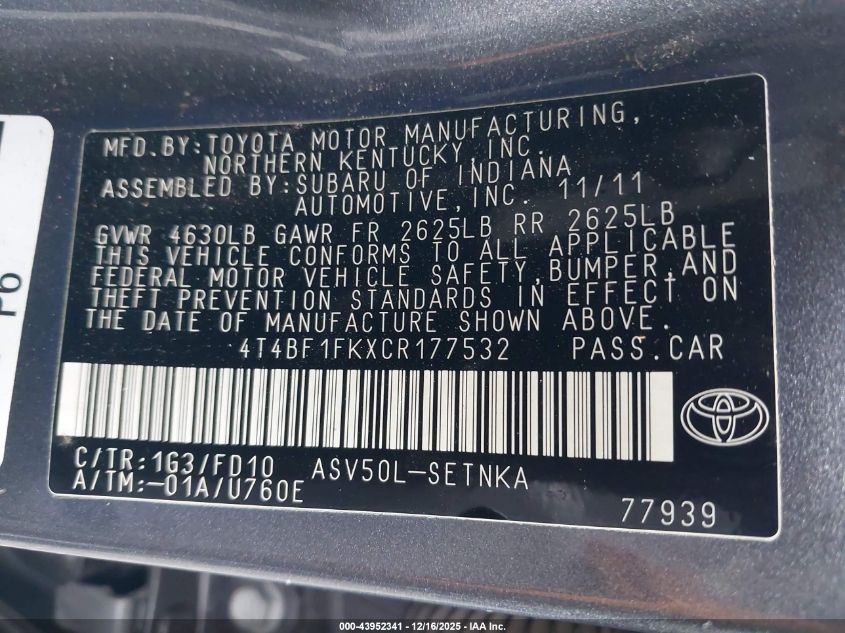 2012 Toyota Camry Le VIN: 4T4BF1FKXCR177532 Lot: 43952341