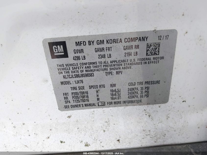 2018 Chevrolet Trax Lt VIN: KL7CJLSB6JB596583 Lot: 43952344