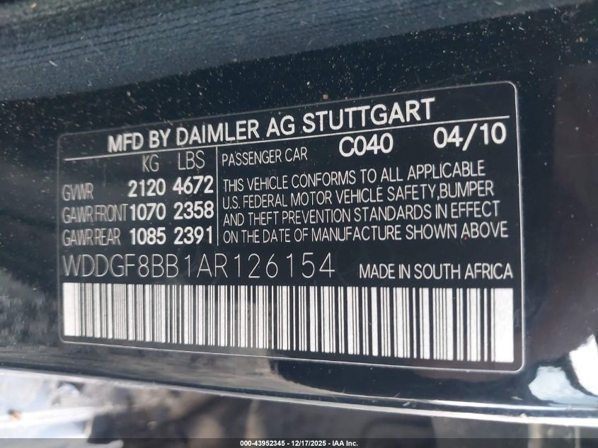 2010 Mercedes-Benz C 300 Luxury 4Matic/Sport 4Matic VIN: WDDGF8BB1AR126154 Lot: 43952345