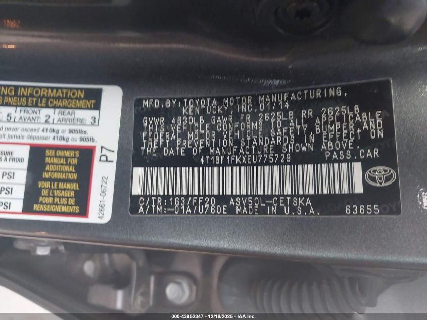 2014 Toyota Camry Se VIN: 4T1BF1FKXEU775729 Lot: 43952347