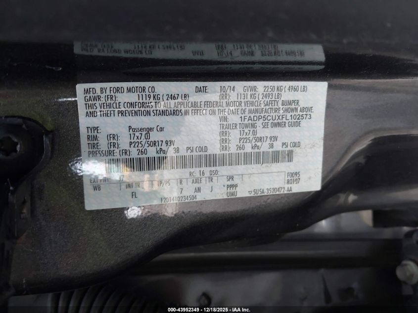 2015 Ford C-Max Energi Sel VIN: 1FADP5CUXFL102573 Lot: 43952349