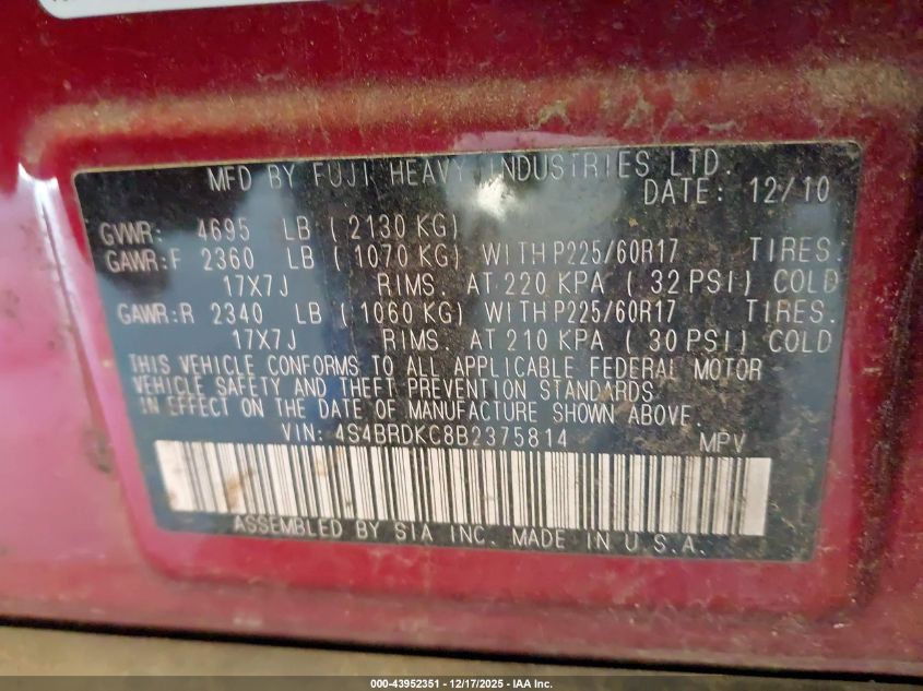 2011 Subaru Outback 3.6R Limited VIN: 4S4BRDKC8B2375814 Lot: 43952351