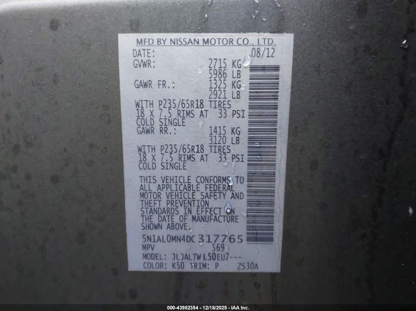 2013 Infiniti Jx35 VIN: 5N1AL0MN4DC317765 Lot: 43952354