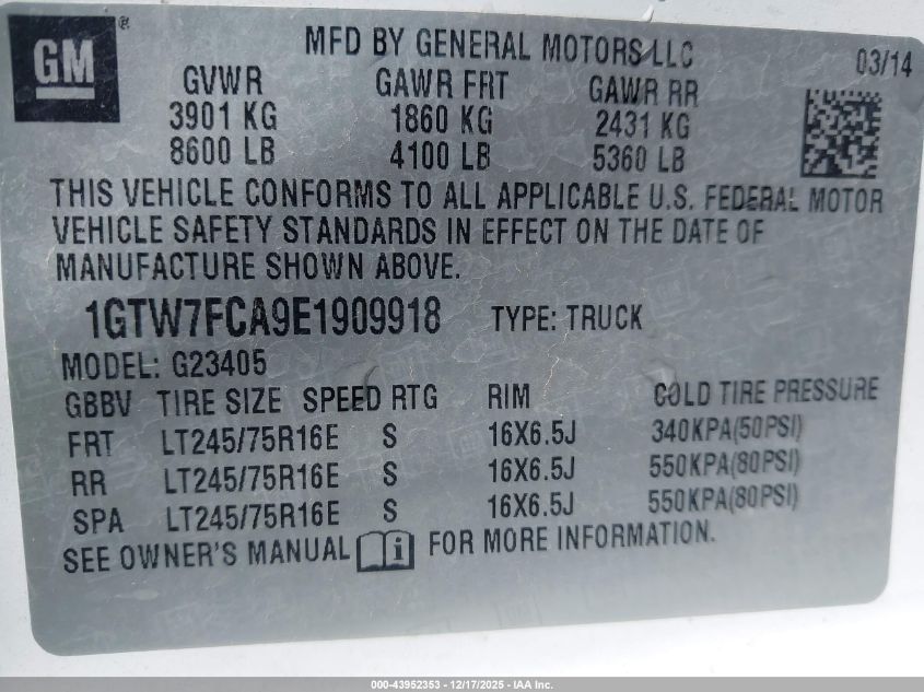 2014 GMC Savana 2500 Work Van VIN: 1GTW7FCA9E1909918 Lot: 43952353