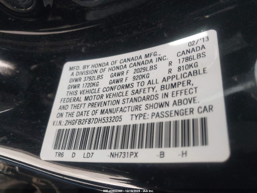 2013 Honda Civic Ex VIN: 2HGFB2F87DH533205 Lot: 43952360