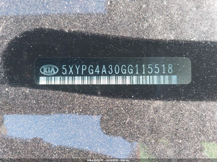 2016 Kia Sorento 2.4L Lx VIN: 5XYPG4A30GG115518 Lot: 43952370