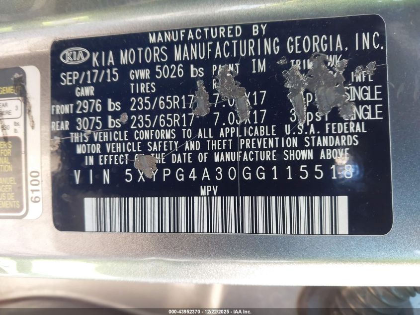 2016 Kia Sorento 2.4L Lx VIN: 5XYPG4A30GG115518 Lot: 43952370