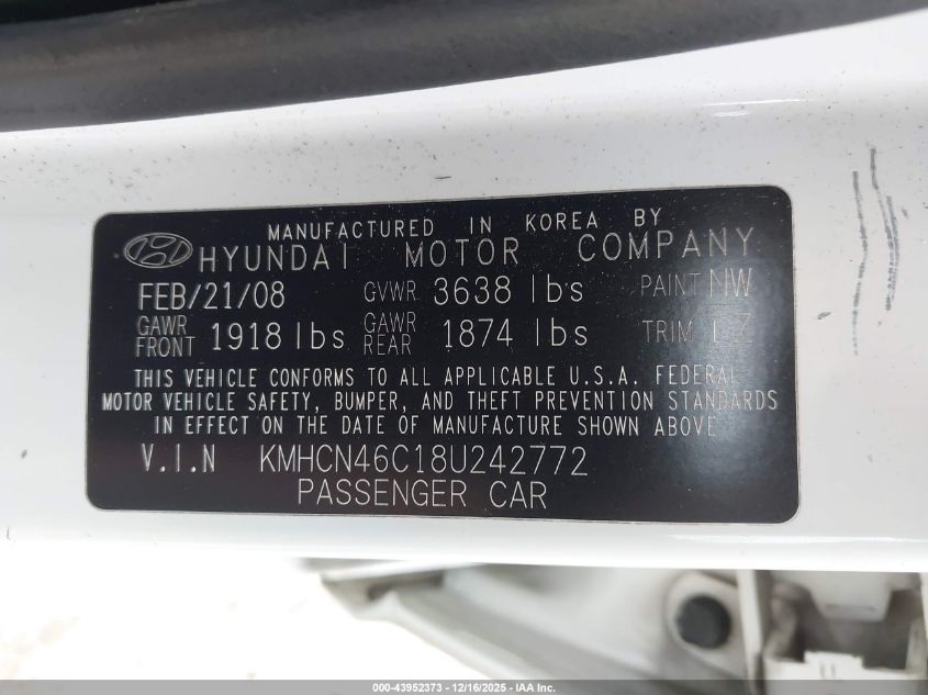 2008 Hyundai Accent Gls VIN: KMHCN46C18U242772 Lot: 43952373