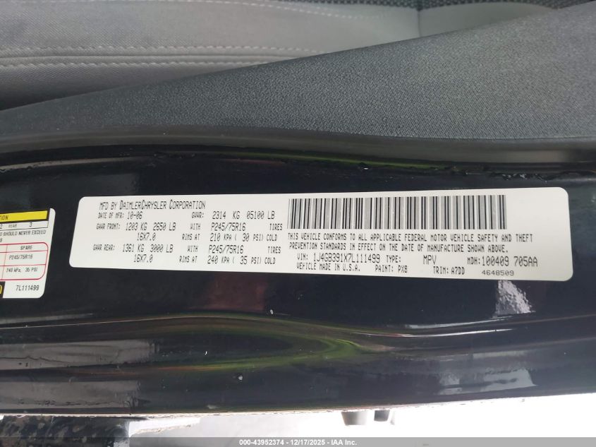 2007 Jeep Wrangler Unlimited X VIN: 1J4GB391X7L111499 Lot: 43952374