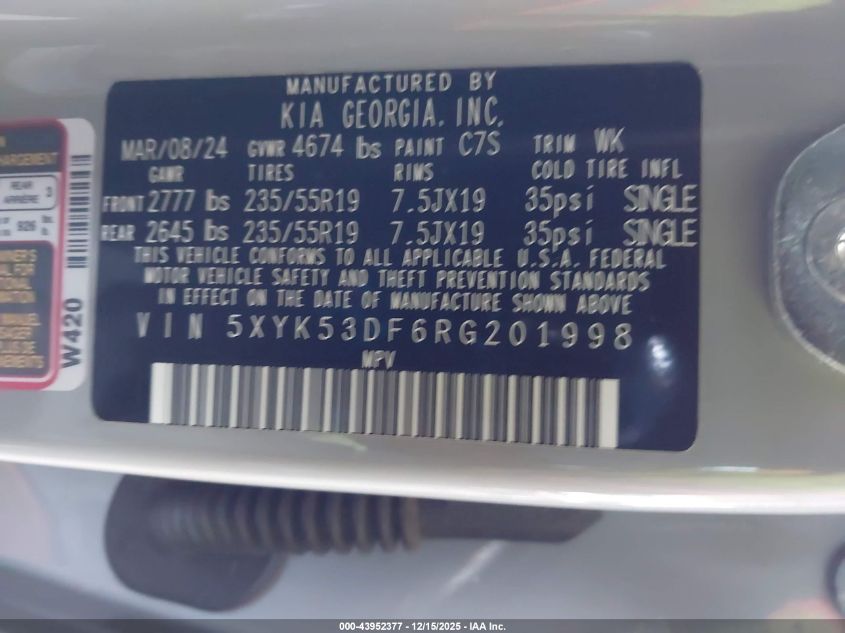 2024 Kia Sportage Sx-Prestige VIN: 5XYK53DF6RG201998 Lot: 43952377