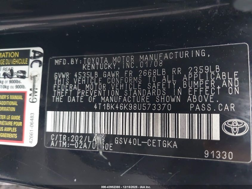 2008 Toyota Camry Xle V6 VIN: 4T1BK46K98U573370 Lot: 43952380