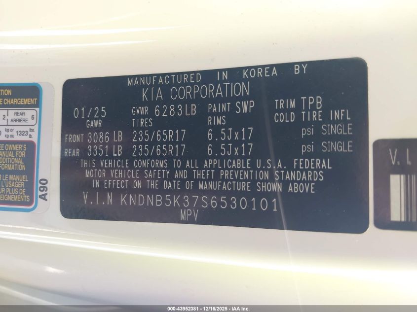 2025 Kia Carnival Mpv Lxs VIN: KNDNB5K37S6530101 Lot: 43952381