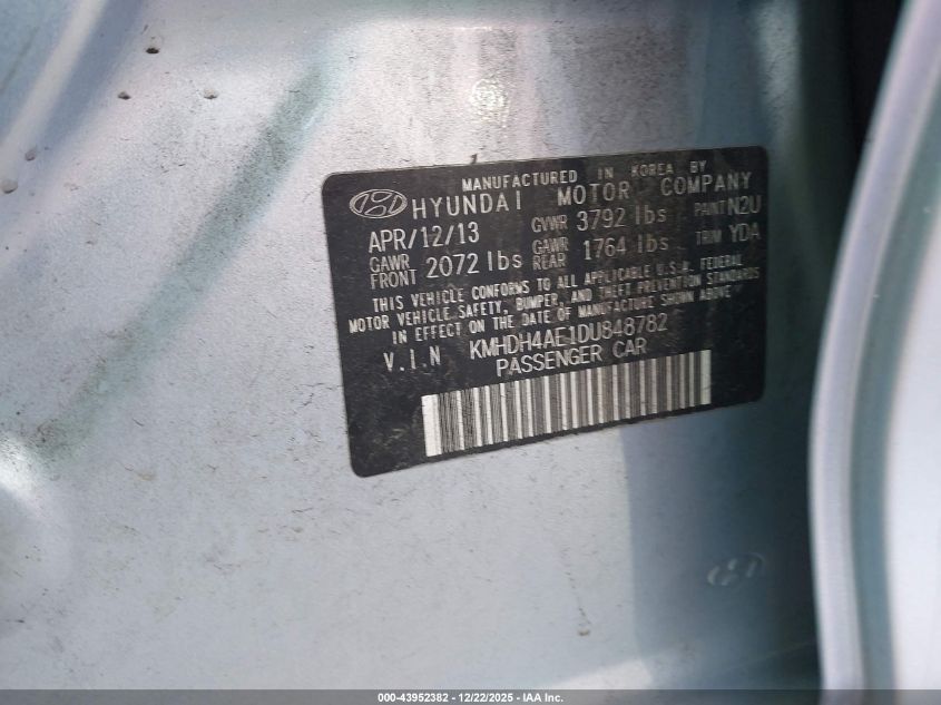 2013 Hyundai Elantra Gls VIN: KMHDH4AE1DU848782 Lot: 43952382